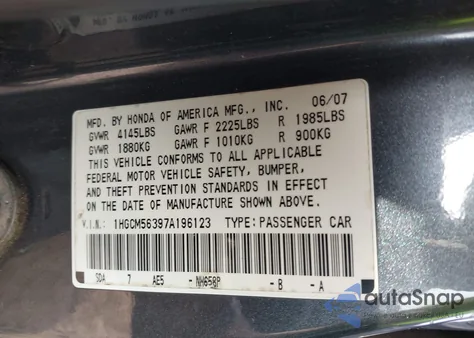 2007 Honda Accord 2.4 Se из США, поврежденный, VIN 1HGCM56397A196123